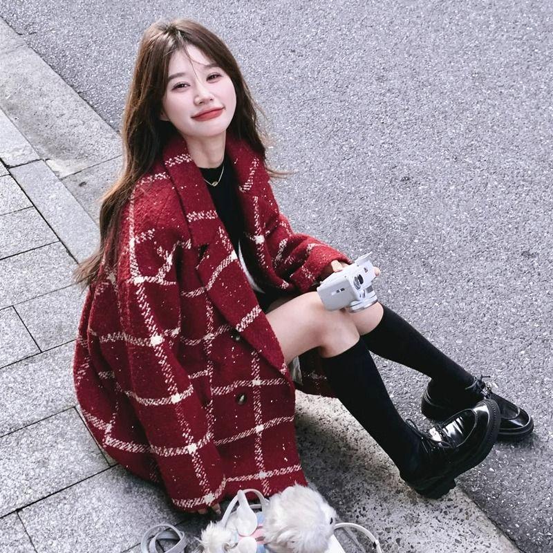 

Красный клетчатый темпераментный костюм шерстяная куртка женская зимняя короткая свободная утолщенная шерстяная куртка XL