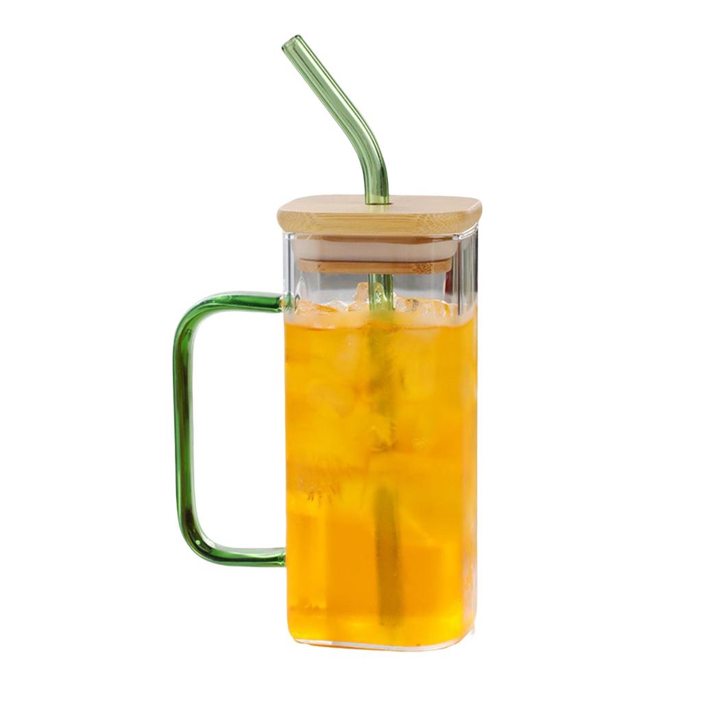 Six Color Square Glass Cup High Borosilicate Transparent Milk Cup Colored Handle Juice Beverage Cup Square Household Straw Water Cup