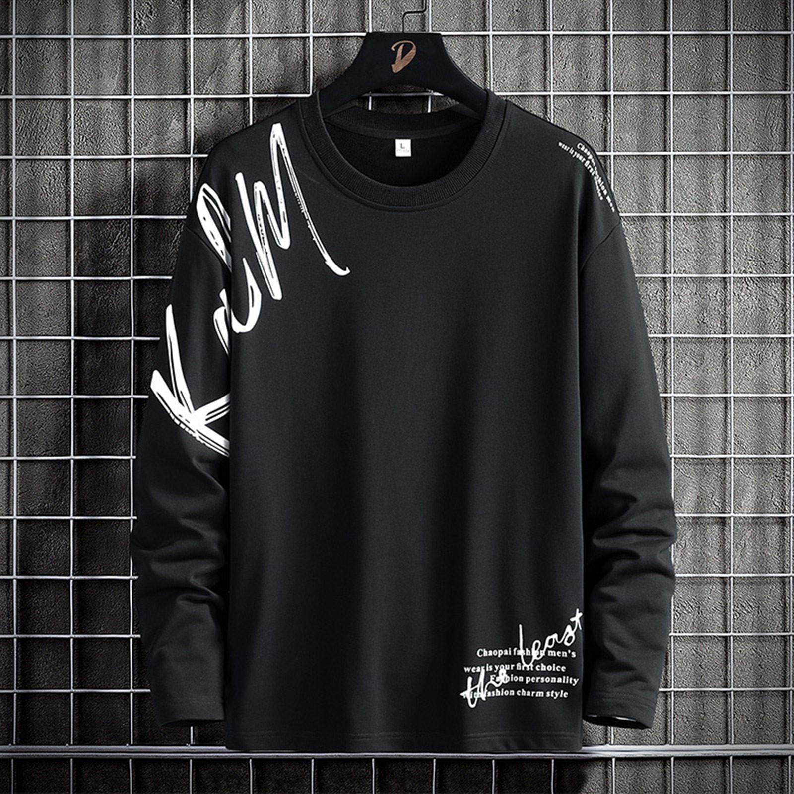 

Осенний новый свитер с круглым воротником и принтом, свободный пуловер с буквами, мужская одежда M чёрный