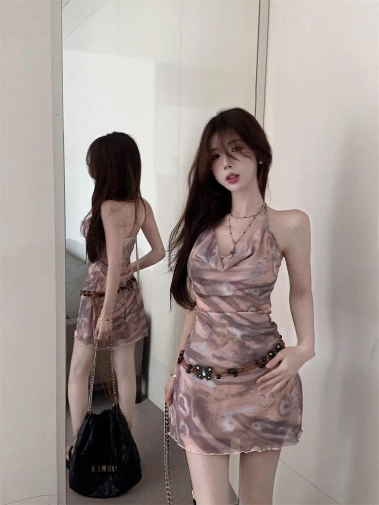 Retro Batik Neckholder Kleid – Figurschmeichelndes V-Ausschnitt Rückenfreies A-Linien-Kleid für Damen für Frühling/Sommer