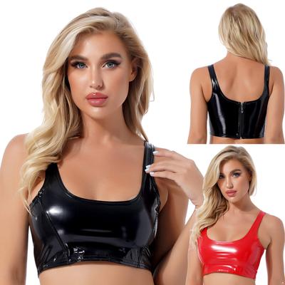 Women's Latex Crop Top Scoop Neck Lingerie Skinny Unlined Camis Tank Tops Rave Clubwear