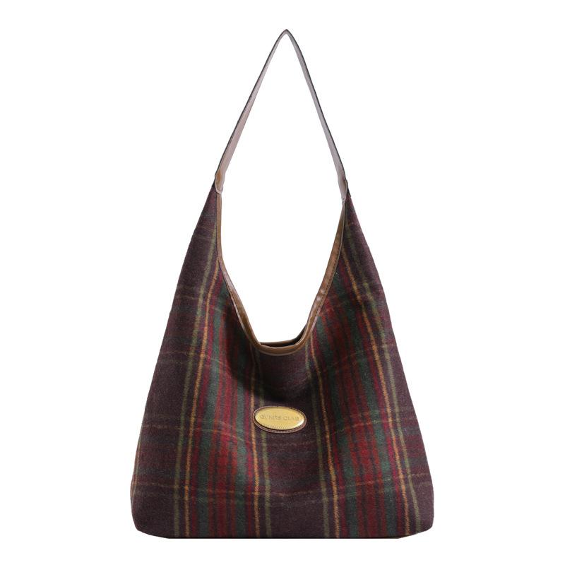 Retro Woolen Plaid Large-capacity Shoulder Bag Women's 2025 Autumn and Winter New Versatile Underarm Tote Bag