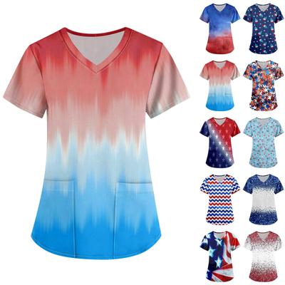 Women's Independence Day Printing Uniform Work Uniform V-Neck Pocket Protective Work Uniform