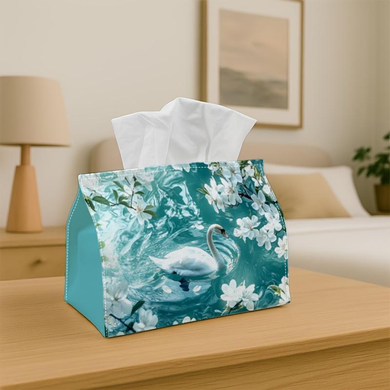 1pc Stylish White Swan Tissue Holder with Lotus Flower Water Pond Teal Blue Fabric Napkin Storage Organizer for Kitchen, Car, Elegant Decorative Box,