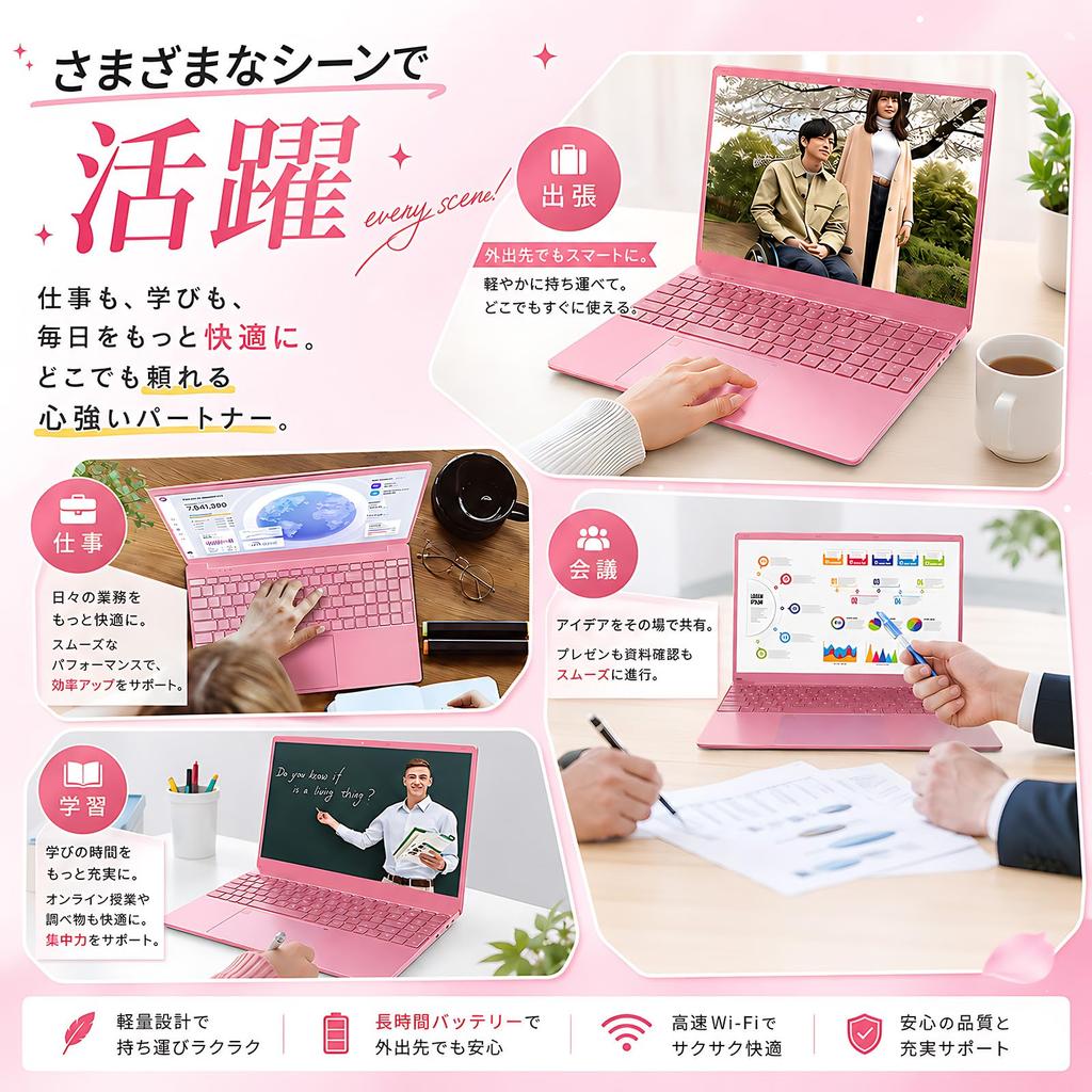 Pink Laptop with Windows Core 16GB 512GB Full HD 1920x1080 Slim and Lightweight Design Fingerprint Numeric 5000mAh Bluetooth Ideal for Online Remote