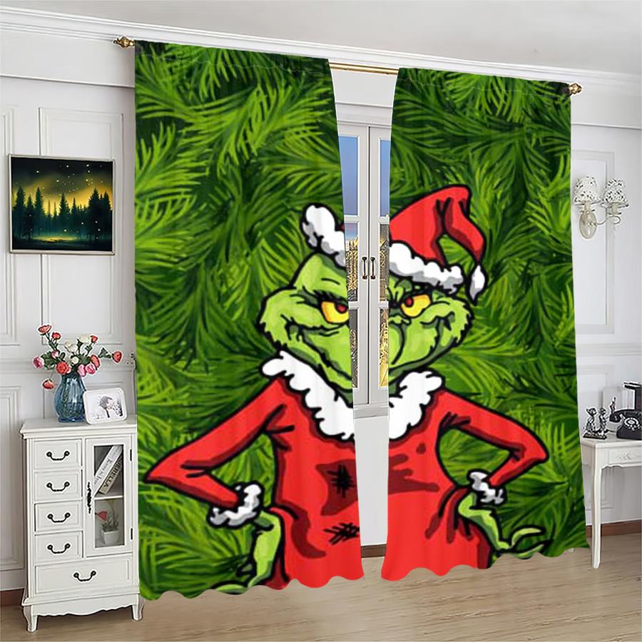 

Green Cartoon Christmas-Style Printed Curtains, Pole Bag Curtains, Christmas Decorations, Home Decorations, Room Decorations 14Wx39L(35x100CM)x2&Rod Pocket