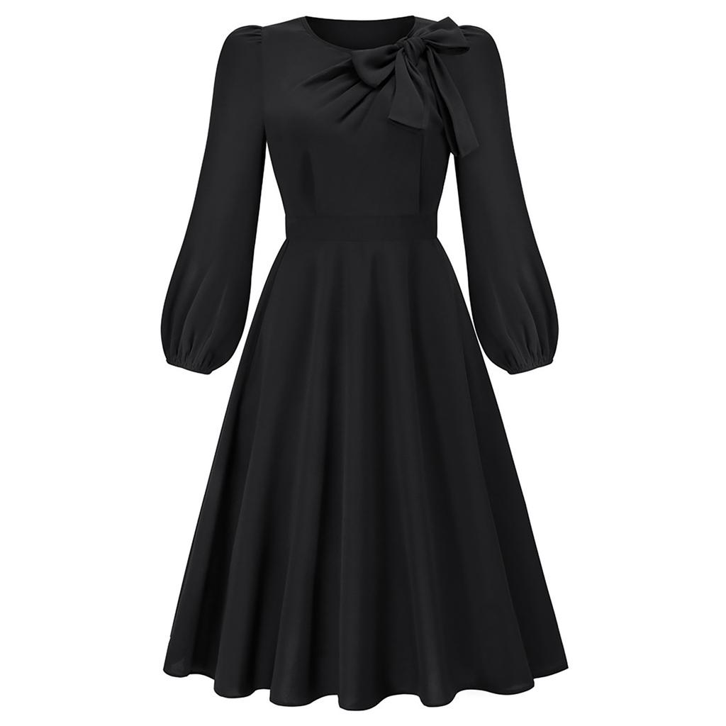 Women's Color Round Neck A-Line Long Sleeve Midi Dress