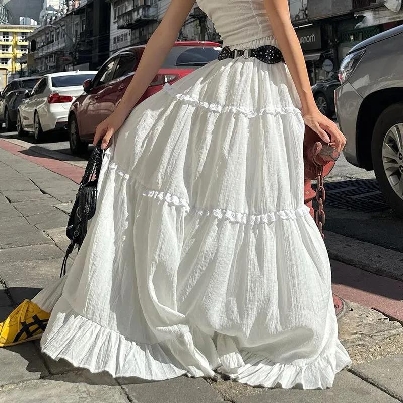 Women s White Tiered Maxi Skirt Ruffle Trim High Waist Flowy Bohemian Style Long Skirt M