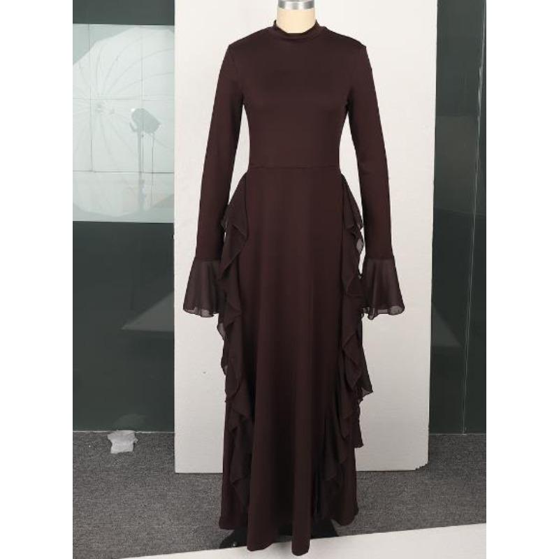 Abito Casual Elegante da Donna Europeo Americano a Vita Alta Monocolore con Maniche a Campana Abito Lungo Maniche Lunghe