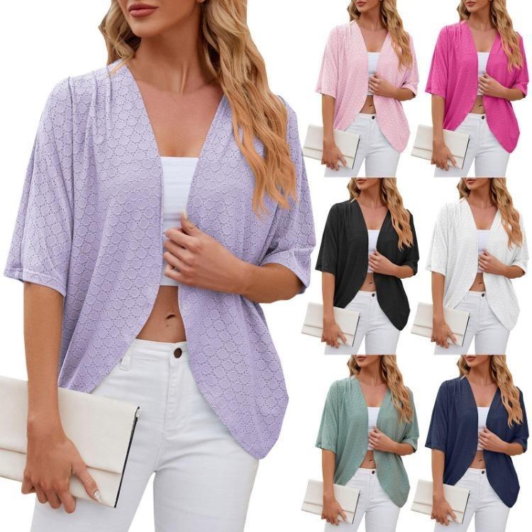 Fashionable Knitted Cardigan Jacket for Women Solid Color Mid Sleeve Spring Summer Casual