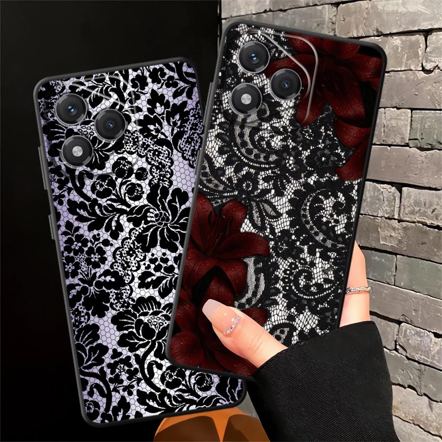 Custodia Cover per Telefono per Honor 8X X9a X5b X7 70 90 X8 200 400 Lite X6 Magic5Lite Fiori di Pizzo Nero