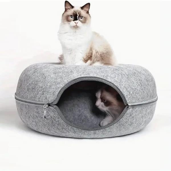 Round Tunnel Cat Bed Comfortable Donut House - light gray