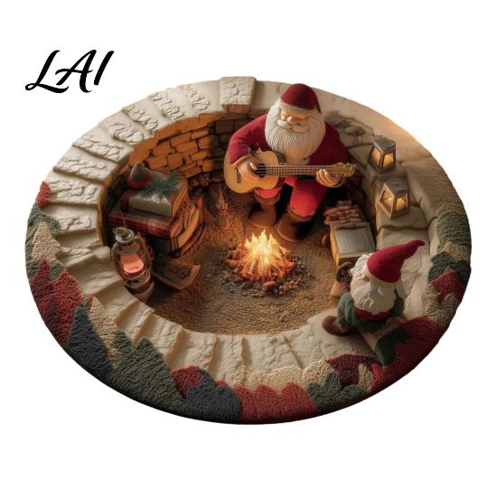 Living Room Holiday Carpet Christmas 3D Rug Illusion Area Round Decorative Optical Floor Mat Festive for Indoor Home Decoration Winter Seasonal Rug