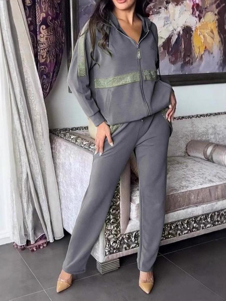 2024 Euro-American Solid Color Zip-Up Sweatshirt & Drawstring Pants Set - Women's Casual Two-Piece
