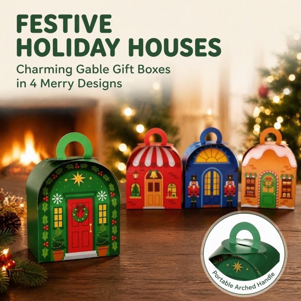 12pcs Handheld Christmas House Shaped Gift Box 4 Colors Handheld Gift Box  Party Favor