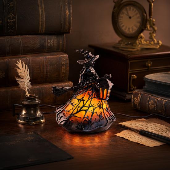 Lâmpada Chapéu de Bruxa Vitral Yousheng, Lâmpada de Bruxa Retrô de Resina Feita à Mão, Luz Noturna de Chapéu de Mago Gótico Alimentada por USB, Decoração de Casa para Halloween