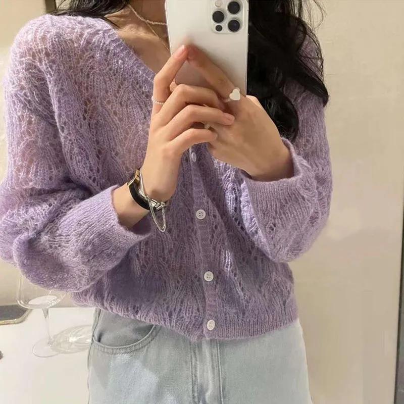 Women Spring Autumn Breathable V-neck Hollow Out Cardigan Long Sleeve Single Breasted Sweet Solid Color Thin Top