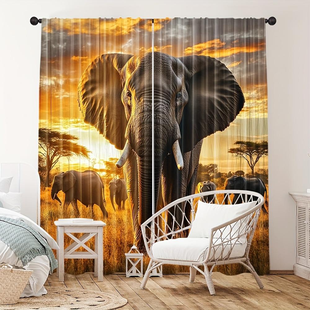 2PCS Animal Curtains, Elephant Grassland Sunset, Digital Print, Bedroom Living Room, Office, Kitchen, Window Treatment