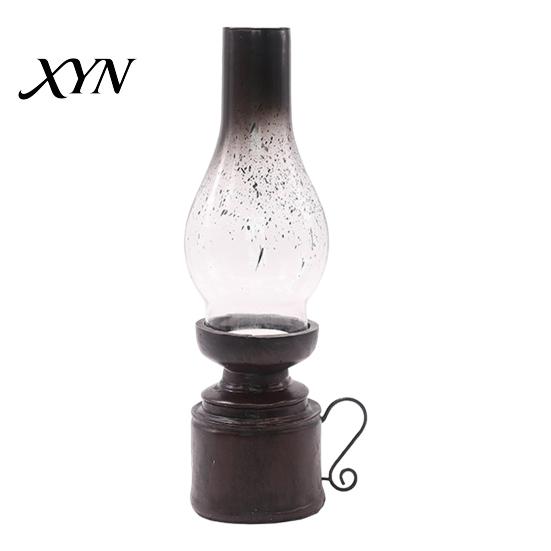 Smoked Glass Candle Holder Miniature Kerosene Lamp Resin Holder, Retro Oil Figurine with Broken Dot Shade & Carved Base, Tabletop Decor for