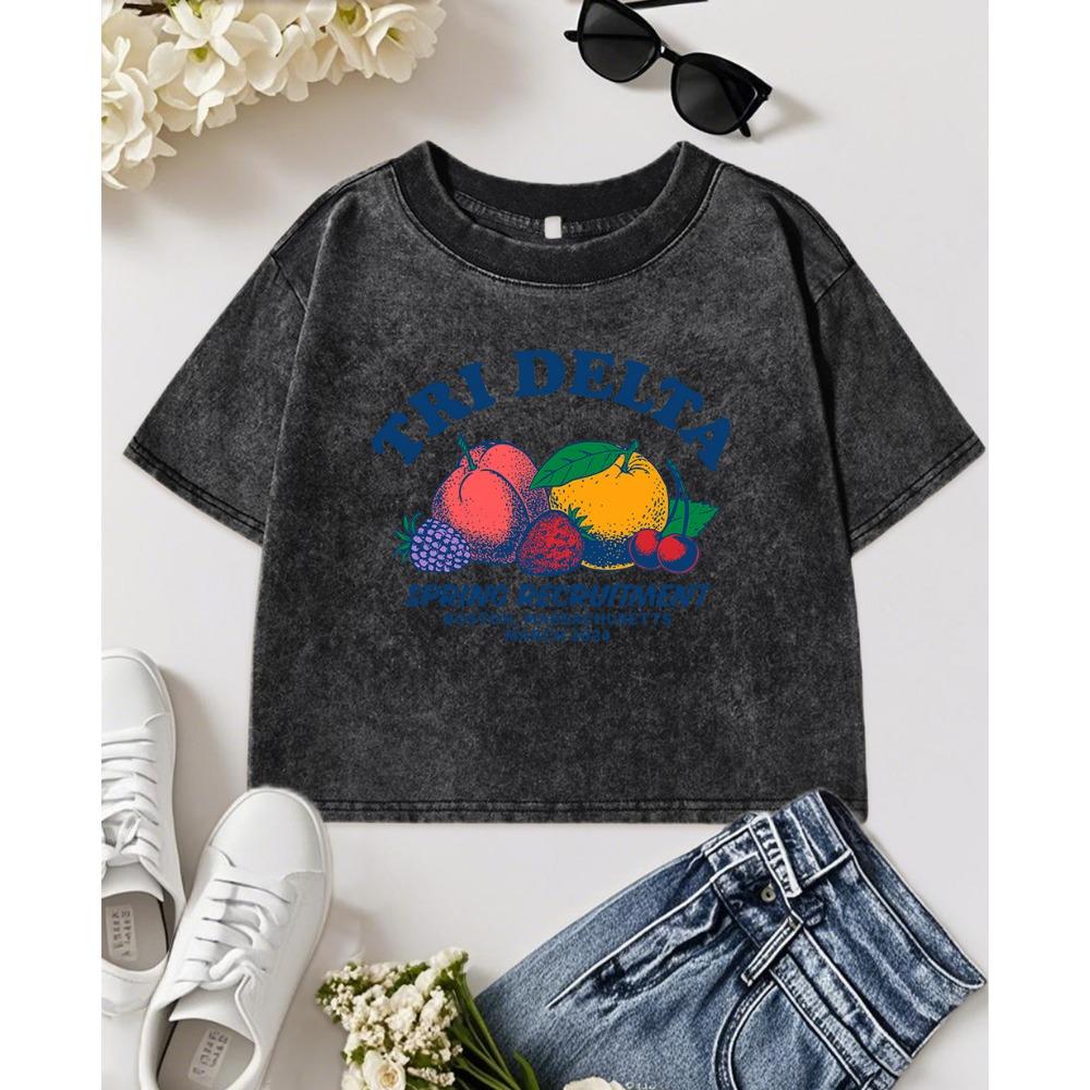 Tri Delta Fresh Fruits Spring Recruitmentprint Women Washed T Shirt Slim Soft T Shirts Cotton Clothes Top