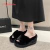 Fashion Aphixta Black Faux Fur 10cm Wedge Heels Slippers Women Winter Mulers Furry Warm Soft Shoe Cross Strap Clog Slides Sexy Shoes