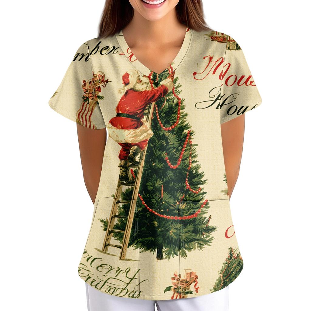 Women's Christmas Print Loose Fit V-Neck Short Sleeve Scrub Top with Pockets for Work