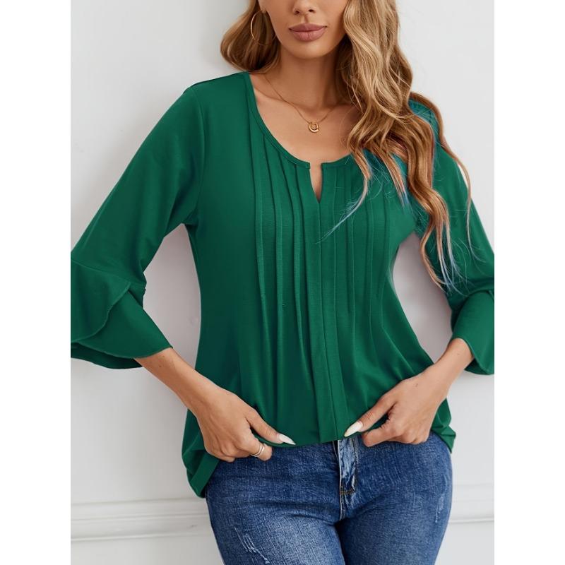 Women S Elegant Casual 3 4 Sleeve V Neck T Shirt With Ruffle Front Pleats