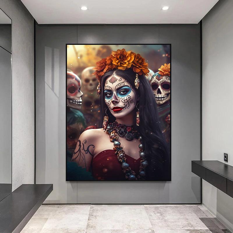 Festive and Mysterious Mexican Girl Day of Dead Gothic Sugar Skulls Canvas Painting Posters Prints Wall Art Picture Home Decor