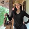 Women's Ribbed V-Neck Long Sleeve Slim Fit Knit T-Shirt