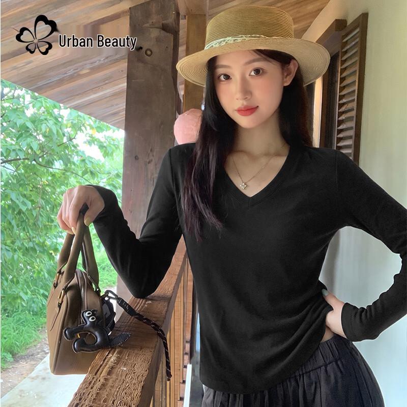 Women's Ribbed V-Neck Long Sleeve Slim Fit Knit T-Shirt