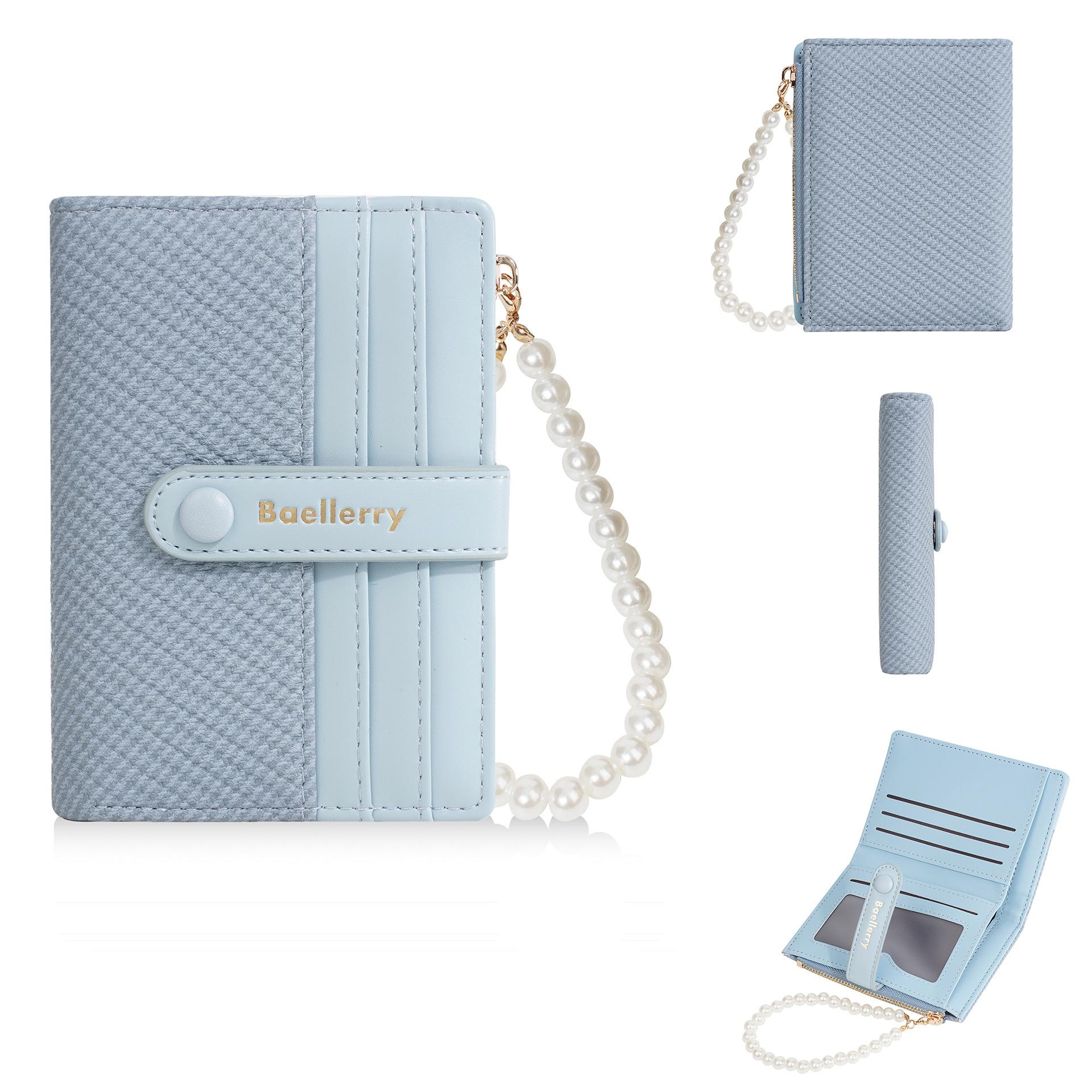 

Women Wallet Short Card Clips Coin Purse Photo Holder Simulation Pearl Zipper Bag
