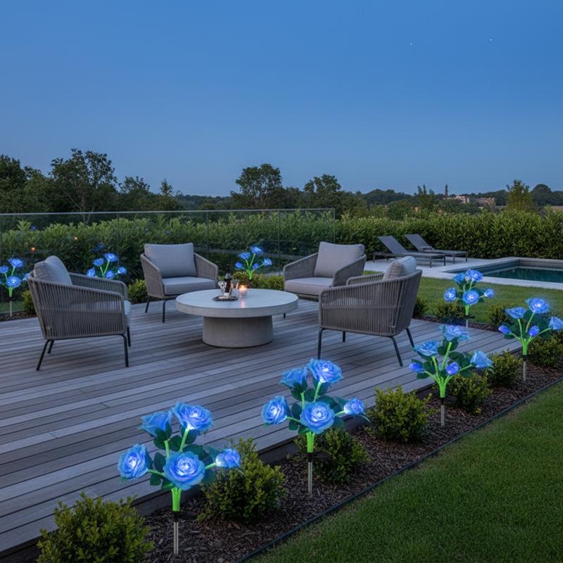 5 Heads Solar Light Yard Lights Outdoor Garden Lighting For Fence White Fence Flowers Roses Flower Lamp Flood Patio Pathway Blue