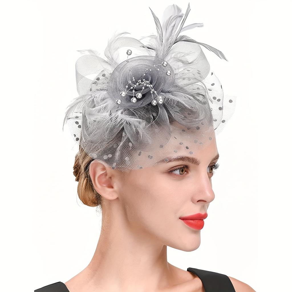 Elegant Fascinator Hat for Women with Floral and Mesh Design, Golden-Toned Headband with Fabric Feathers, Perfect for Weddings, Tea Parties, Halloween