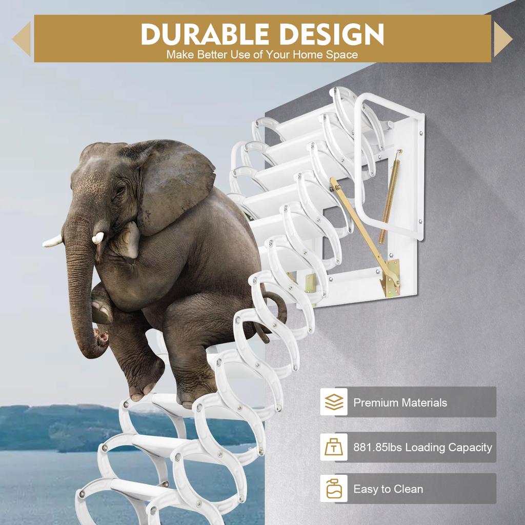 Al-Mg Alloy Wall Mounted Folding Ladder 400kg 12 Steps Attic Loft Garage Space Saving Anti-Slip