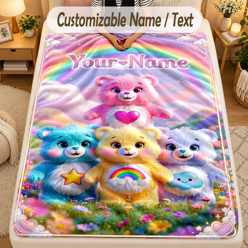 Flannel BlanketCare Bears Custom Name Text Personalized Soft Warm Throw Blanket Home Decor Gift