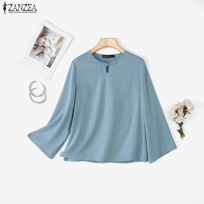 Women Casual Round Neck Solid Color Loose 3/4 Sleeve Blouse
