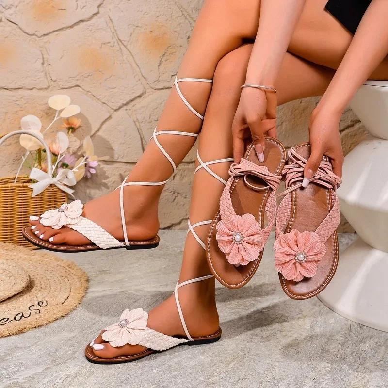 Fashion Ladies Shoes 2025 Open Toe Women's Sandals Fashion Daily Lace-up New Summer Footwear Plus Size Light Comfortable Flat Sandals