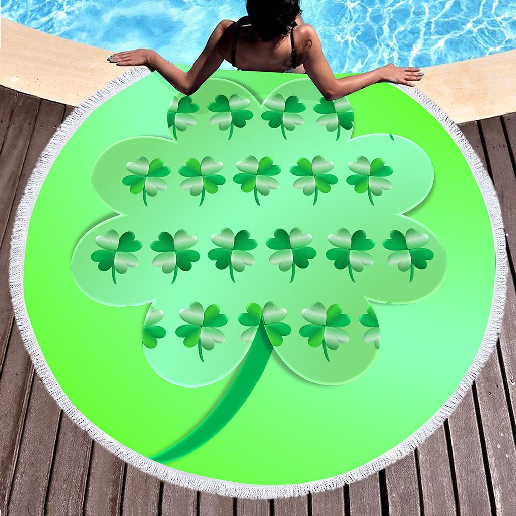 Lucky Clover Round Beach Towels,Soft Lightweight Sand Free Happy St. Patrick's Day Beach Blanket,Spring Botanical Leaves Towel