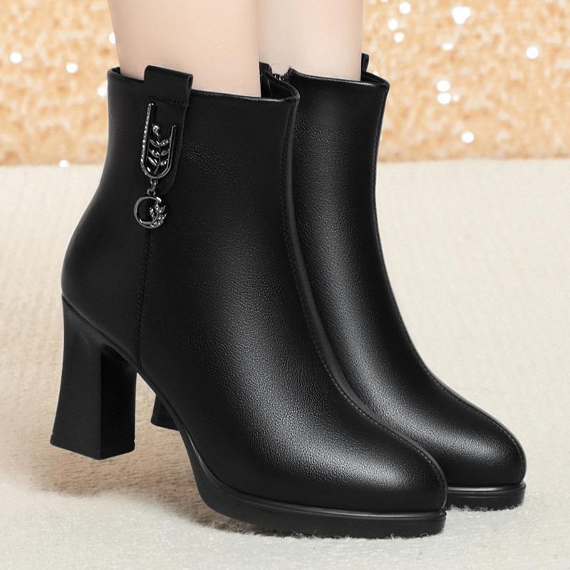 Women's Soft Leather Cotton Shoes New Fashion Waterproof Side Zipper High Heels Non-slip Lightweight Warm Boots
