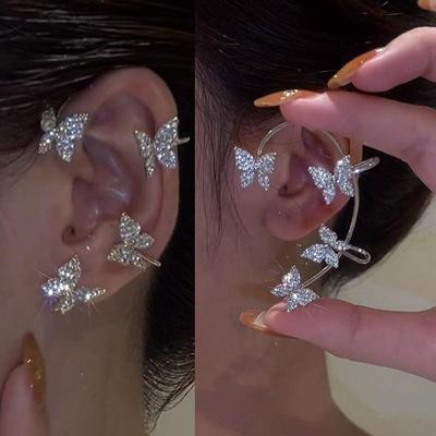 Brincos de orelha de borboleta de metal dourados e prateados sem piercing para mulheres, brincos de clipe de orelha de zircônia brilhante, joias de casamento