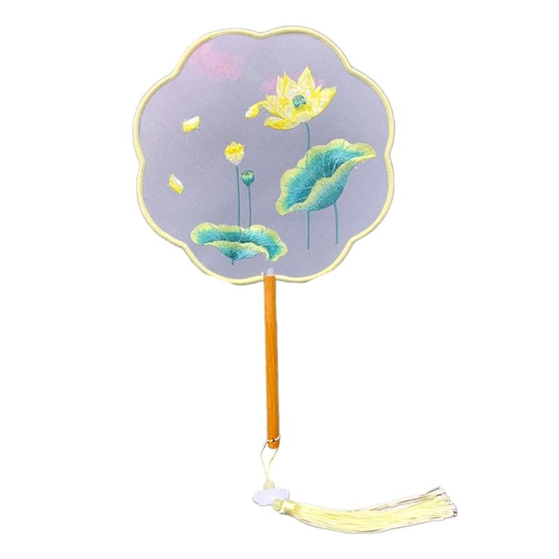Chinese Styles Ancient Embroidery Fan Decorations Long Handle Tassels Double Side Hand Fan for Womens Girl Performances