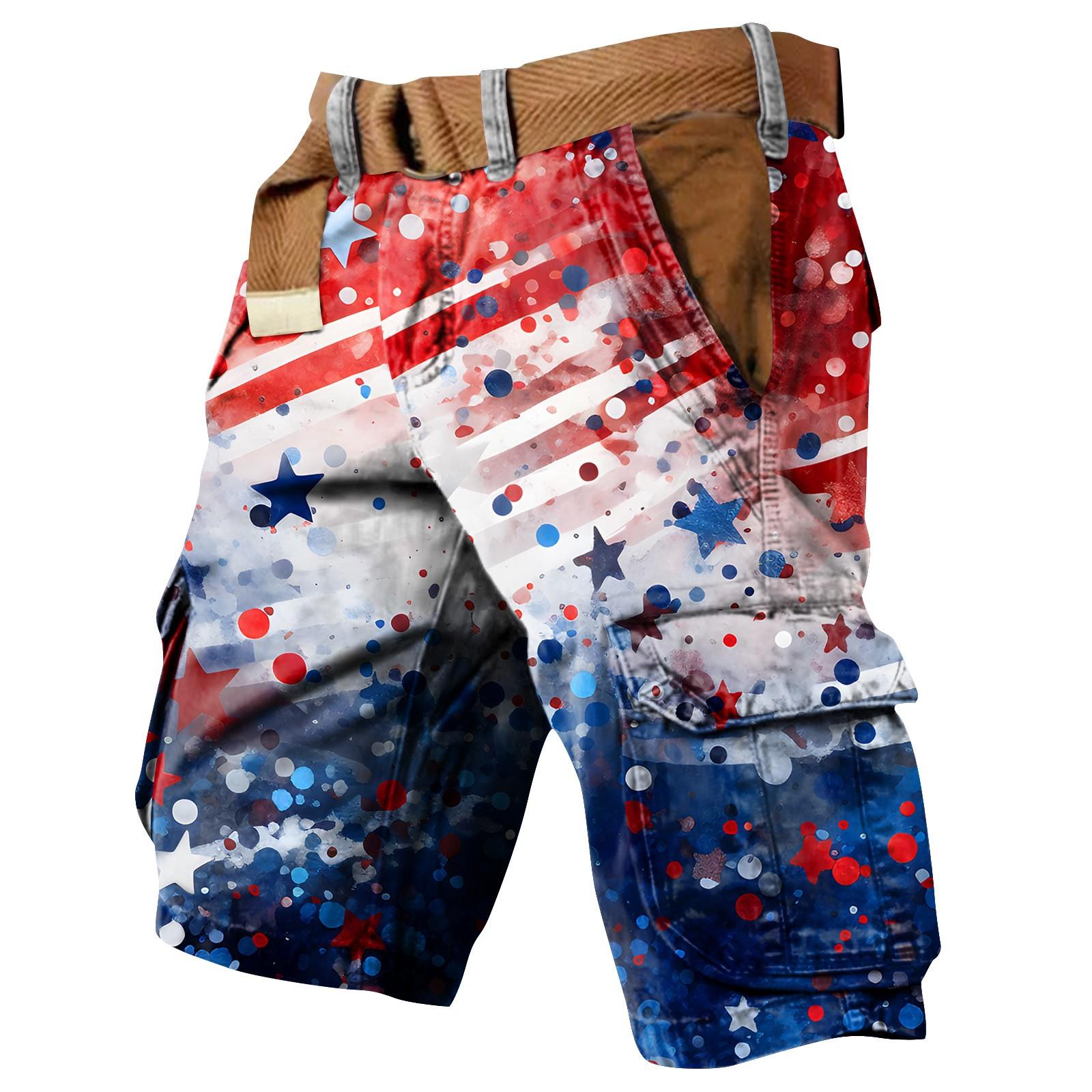 Men s Patriotic American Flag Cargo Shorts with Belt Stars and Stripes Design, Comfortable and Durable Fabric M