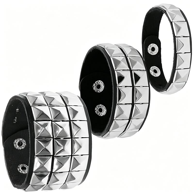 Black Leather Goth Square Washer Rivet Bracelet Cuff Wristband Punk Stainless Steel Bracelets for Armbands Men Women Party Gift