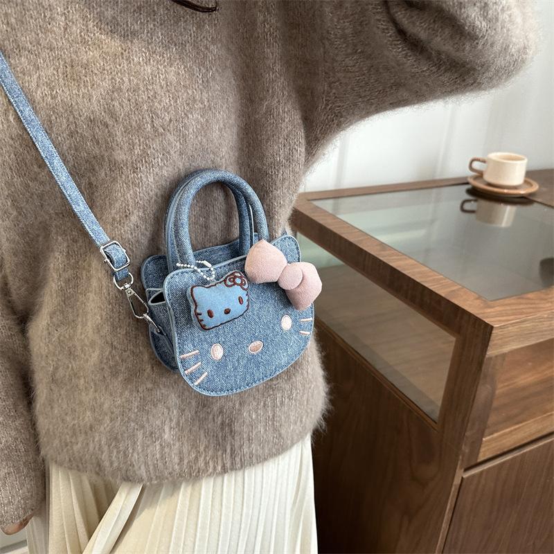 New Cat Face Denim Cartoon Handbag niche crossbody bag Mini Women's handbag Anime Cute Shoulder Tote Bag Versatile Shoulder Bag