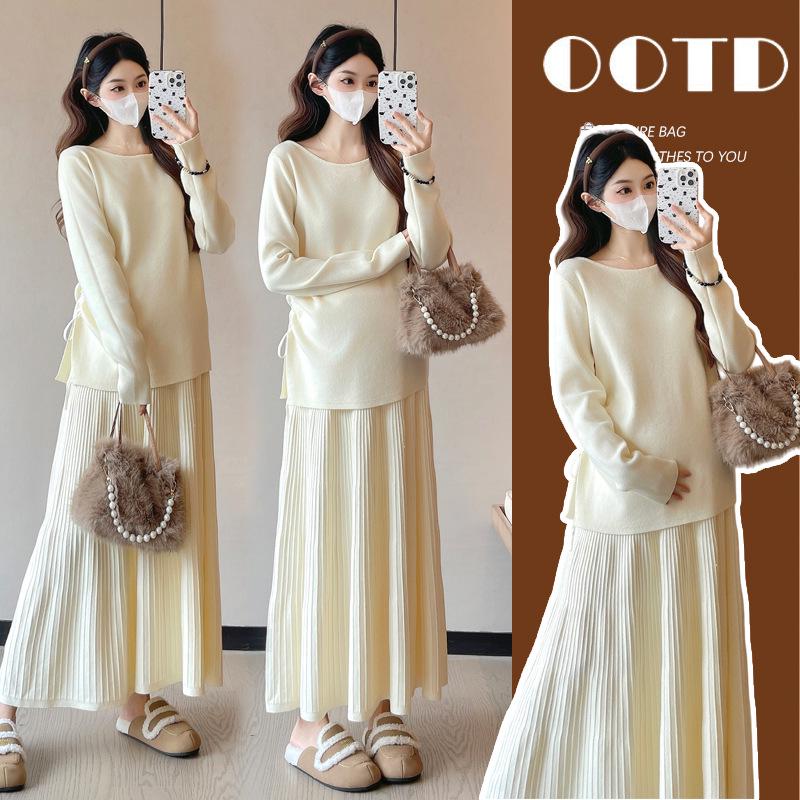 Korean Maternity Two-Piece Set: Drawstring Top & Pleated Skirt 2XL