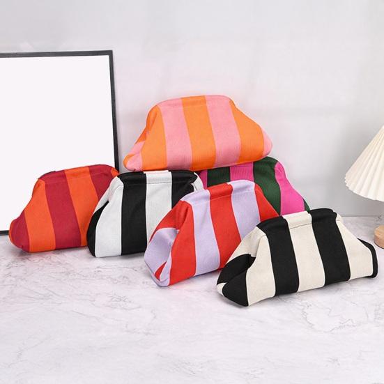 Lightweight Vacation Bag Women Woven Striped Clutch Purse, Large Capacity Kiss Lock Travel Makeup Organizer Cosmetic Pouch, Summer Beach Evening