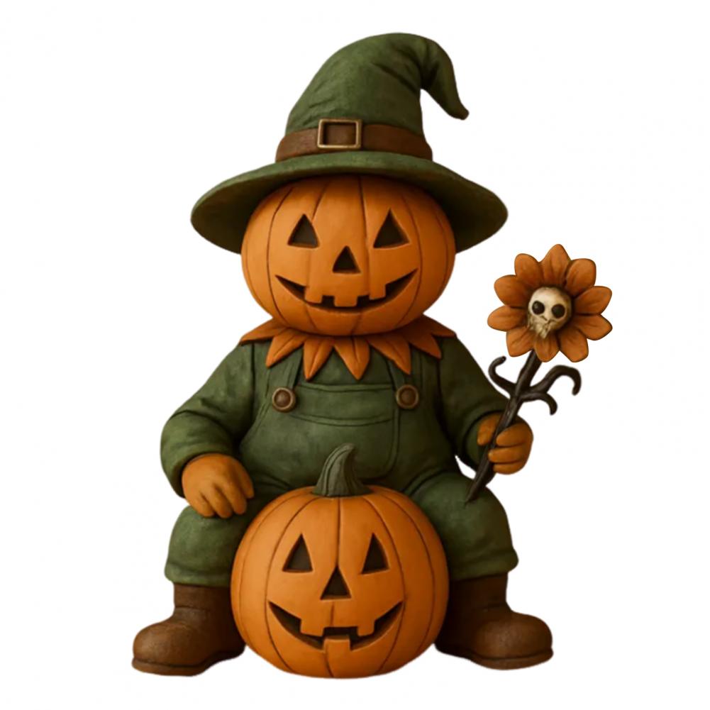 Pumpkin Man Figurine Scary Halloween Pumpkin Head Scarecrow Statue with Skull Sunflower Mini Desktop Ornament for Indoor