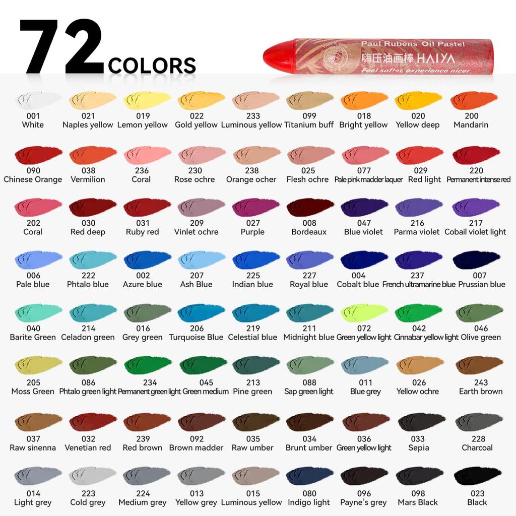 Paul Rubens Oil Pastels 72-Color Set - Vibrant colors, ultra-soft and creamy texture, easy blending - Bullet head shape, ideal for drawing, painting,