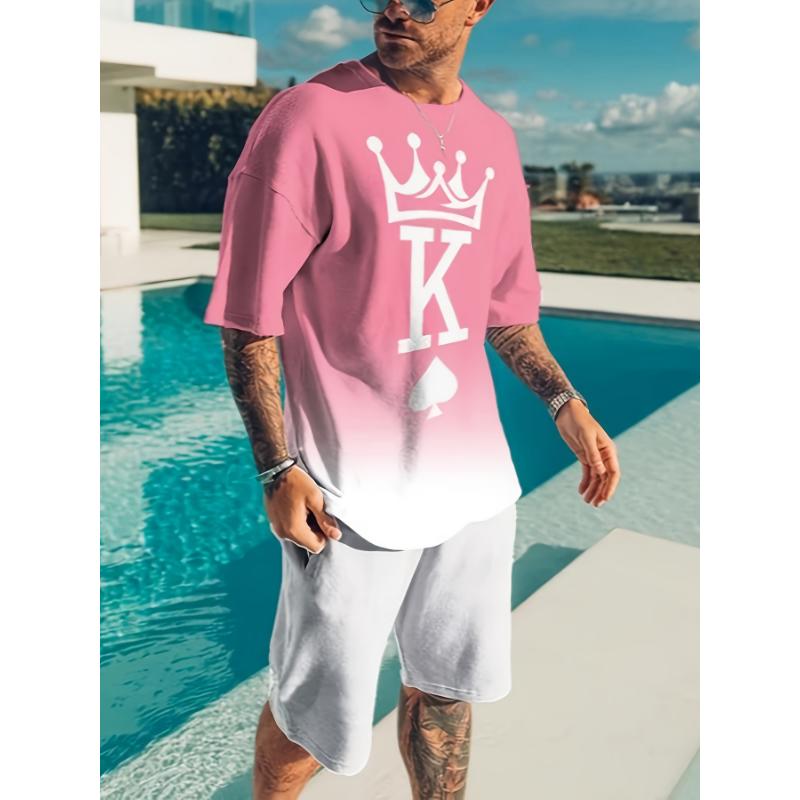 

Men s trendy round neck short-sleeved shorts two-piece suit, 3D digital printing high-definition pattern, summer leisure and com XL