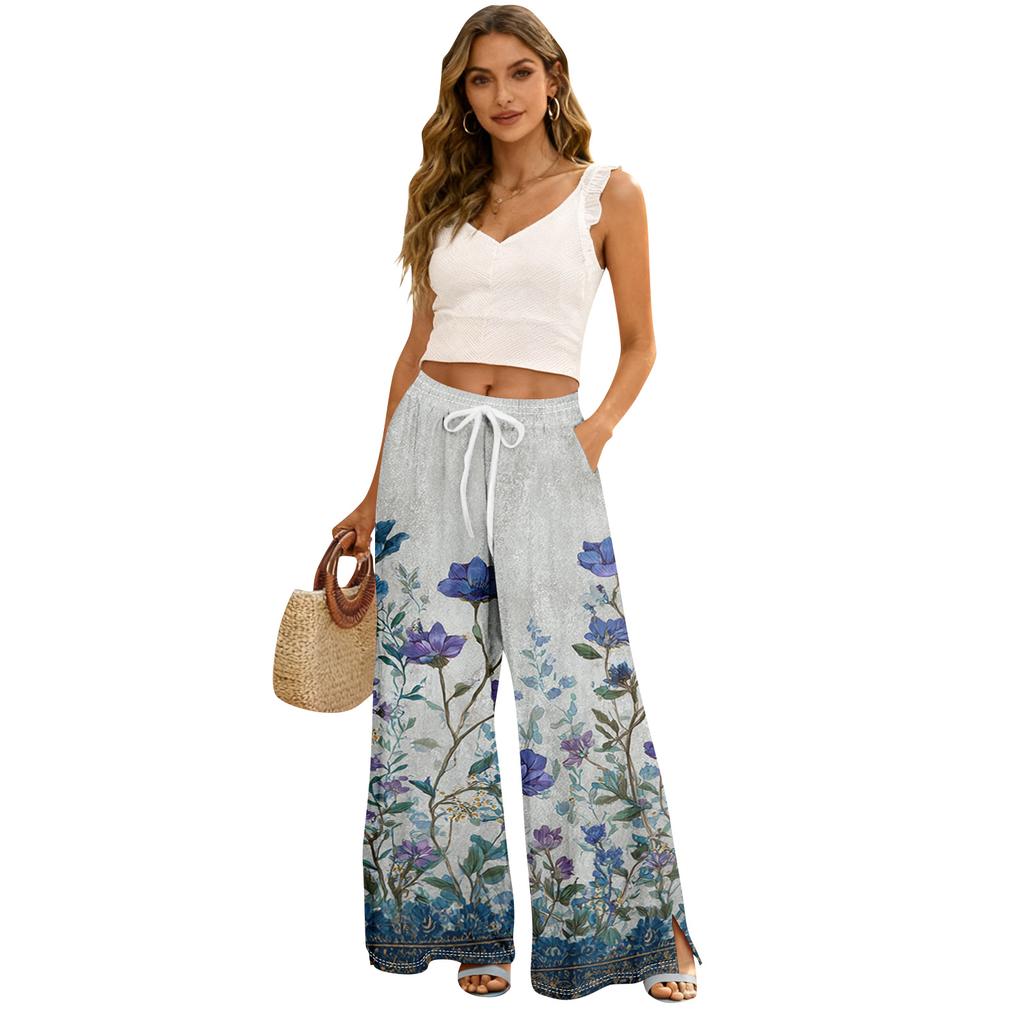 Dámské letní kalhoty Boho Palazzo s vysokým pasem a širokými nohavicemi s květinovým potiskem ležérní kalhoty s kapsami